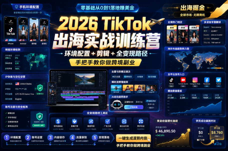 2026 TikTok出海实战训练营,环境配置 + 剪辑 + 全变现路径,手把手教你做跨境副业-来聚吧