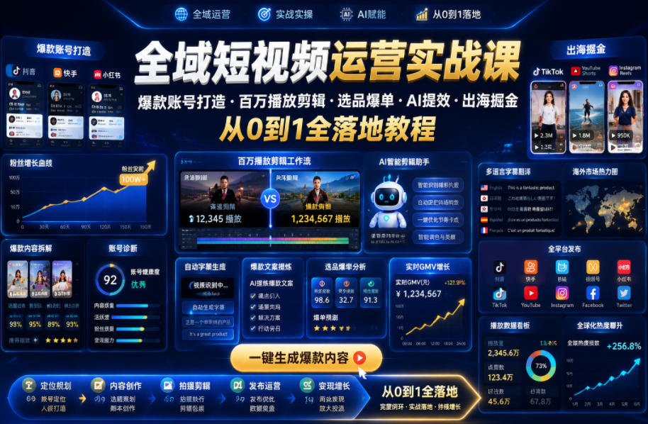 全域短视频运营实战课,爆款账号打造・百万播放剪辑・选品爆单・AI提效・出海掘金,从0到1全落地教程-来聚吧