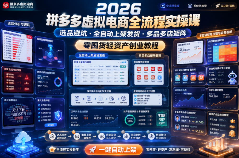 2026拼多多虚拟电商全流程实操课,选品避坑・全自动上架发货・多品多店矩阵,零囤货轻资产创业教程-来聚吧