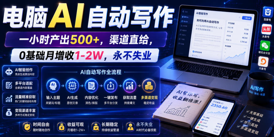 电脑AI自动写作,一小时产出500+,渠道直给,0基础月增收1-2W,永不失业【揭秘】-来聚吧