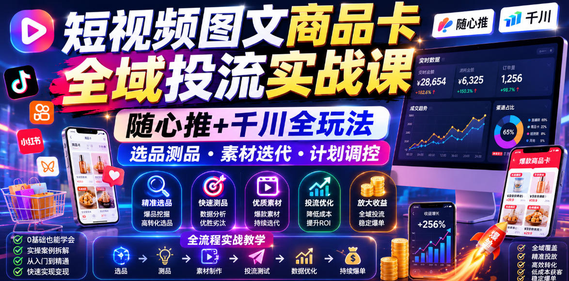 短视频图文商品卡全域投流实战课,随心推+千川全玩法,选品测品・素材迭代・计划调控,提升ROI爆单增收教程-来聚吧