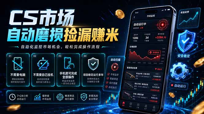 CS市场自动磨损捡漏系统,无需电脑挂机,手机轻松赚米,日入300+-来聚吧