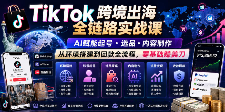 TikTok跨境出海全链路实战课,AI赋能起号・选品・内容制作,从环境搭建到回款全流程,零基础賺美刀-来聚吧