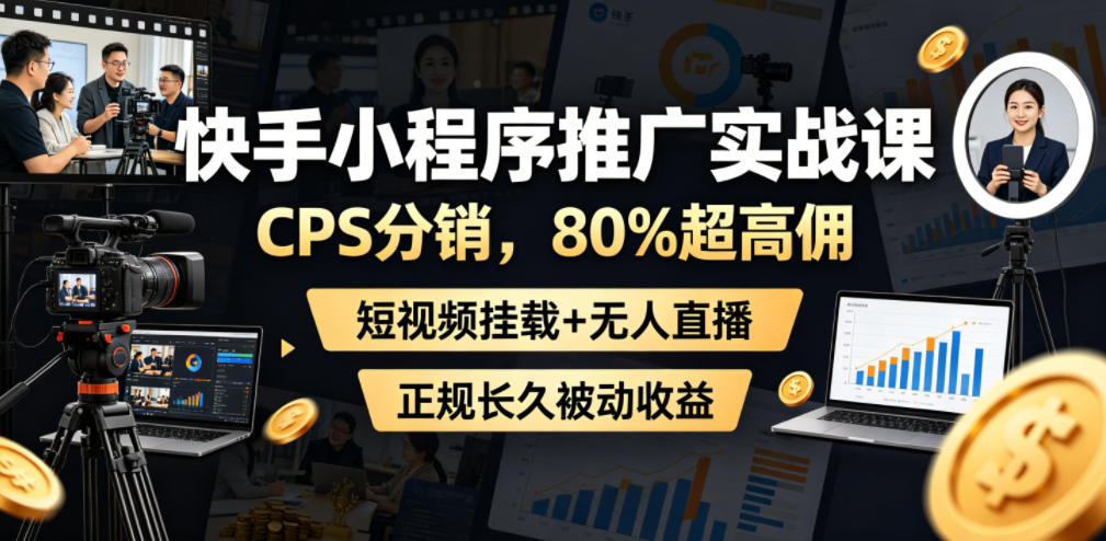 快手小程序推广实战课,CPS分销,80%超高佣,短视频挂载+无人直播,正规长久被动收益-来聚吧