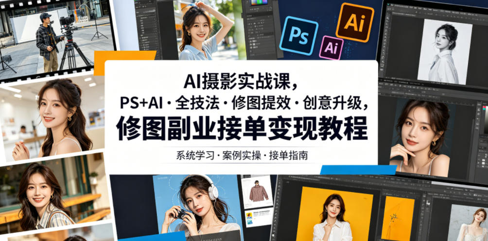 AI摄影实战课,PS+AI・全技法・修图提效・创意升级,修图副业接单变现教程-来聚吧