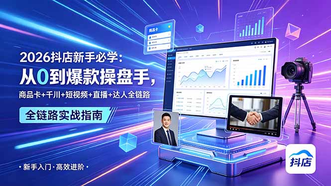 2026抖店新手必学：从0到爆款操盘手，商品卡+千川+短视频+直播+达人全链路-来聚吧