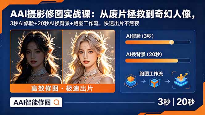 AI摄影修图实战课：从废片拯救 到 奇幻人像，3秒AI修脸+20秒AI换背景+跑图工作流，快速出片不熬夜-来聚吧
