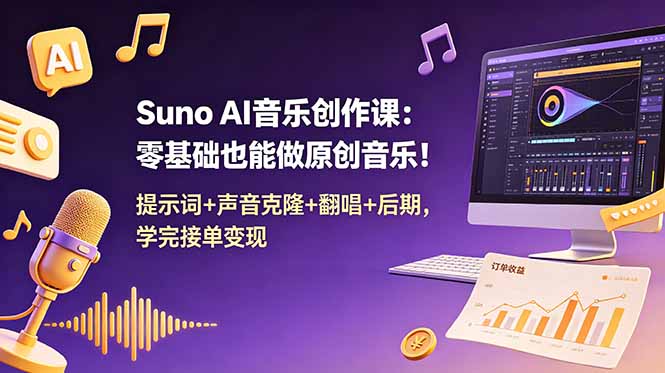 Suno AI音乐创作课:零基础也能做原创音乐!提示词+声音克隆+翻唱+后期,学完接单变现-来聚吧