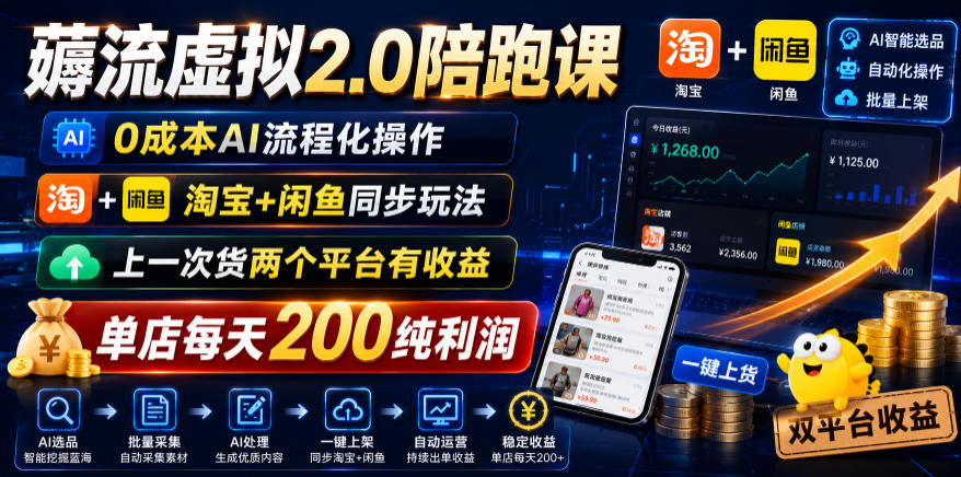 薅流虚拟2.0陪跑课，0成本AI流程化操作，淘宝+闲鱼同步玩法，上一次货两个平台有收益，单店每天200纯利润-来聚吧