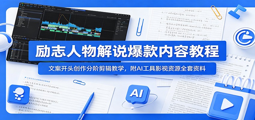 励志人物解说爆款内容教程：文案开头创作分阶剪辑教学，附AI 工具影视资源全套资料-来聚吧