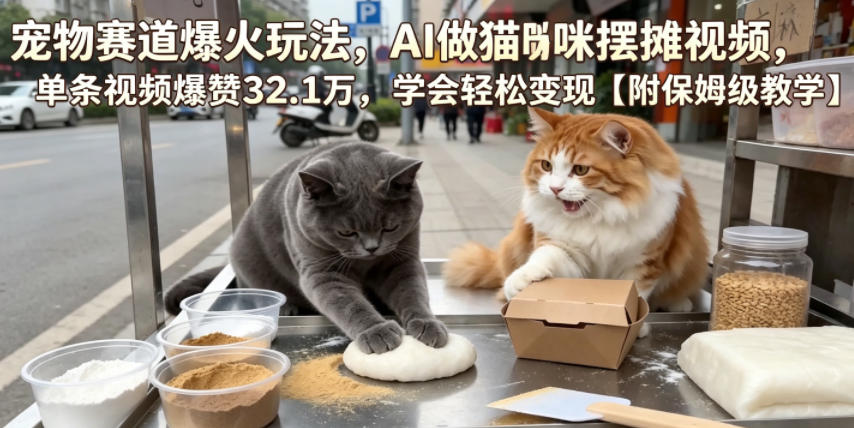 宠物赛道爆火玩法,AI做猫咪摆摊视频,单条视频爆赞32.1万,学会轻松变现【附保姆级教学】-来聚吧
