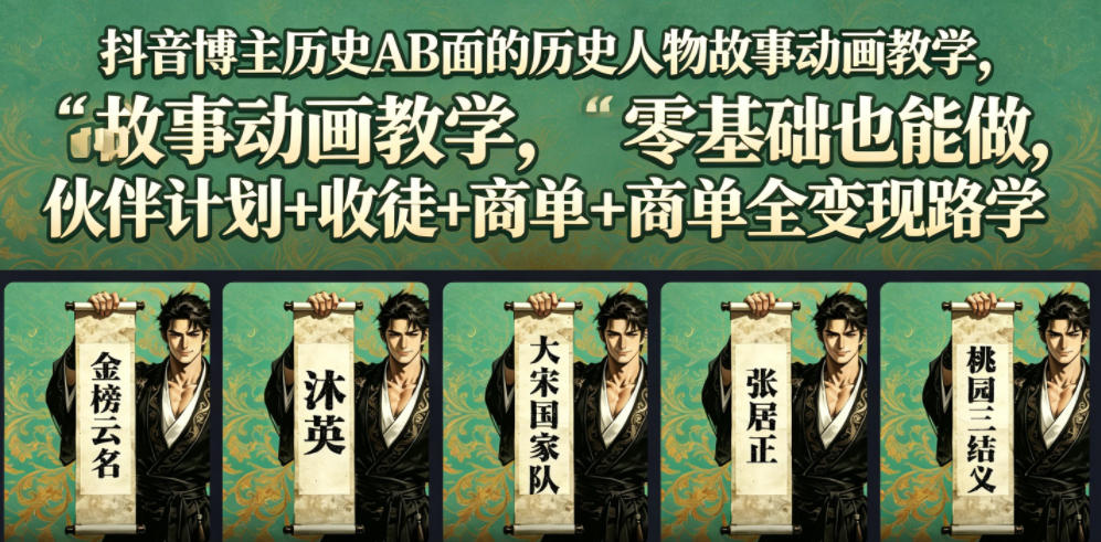 抖音博主历史AB面的历史人物故事动画教学,零基础也能做,伙伴计划+收徒+商单全变现路径教学-来聚吧
