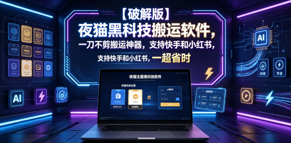 【破解版】夜猫黑科技搬运软件,一刀不剪搬运神器,支持快手和小红书,一键搬运超省时!-来聚吧