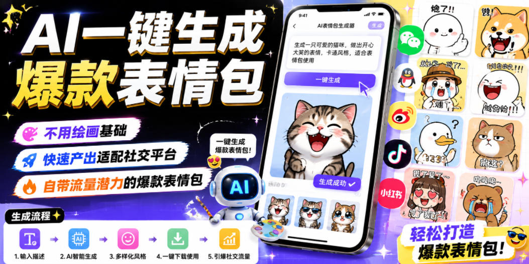 AI一键生成爆款表情包,不用绘画基础,快速产出适配社交平台,自带流量潜力的爆款表情包-来聚吧