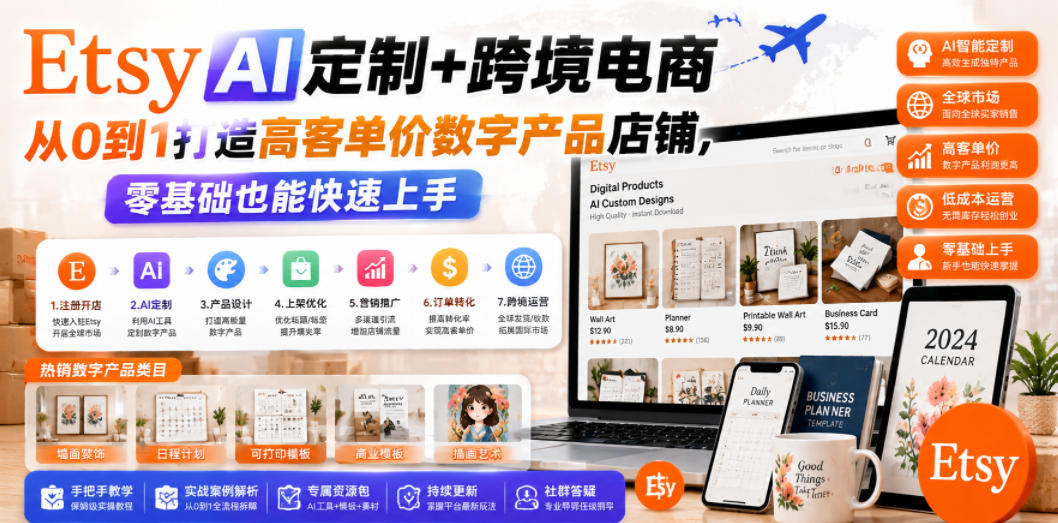 Etsy AI定制+跨境电商,从0到1打造高客单价数字产品店铺,零基础也能快速上手-来聚吧