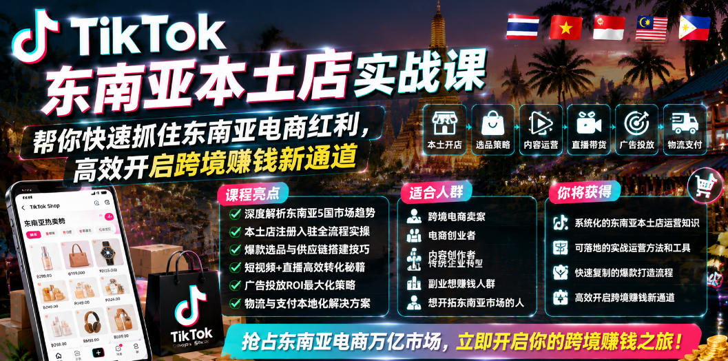 TikTok东南亚本土店实战课,帮你快速抓住东南亚电商红利,高效开启跨境賺钱新通道-来聚吧