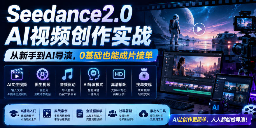 Seedance2.0 AI视频创作实战,从新手到AI导演,0基础也能成片接单变现-来聚吧