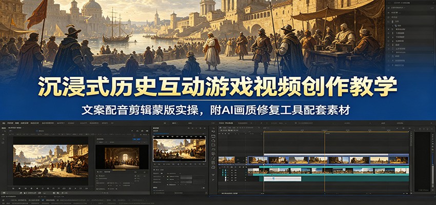 沉浸式历史互动游戏视频创作教学:文案配音剪辑蒙版实操,附AI画质修复工具配套素材-来聚吧