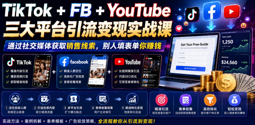 TikTok+FB+YouTube三大平台引流变现实战课，通过社交媒体获取销售线索，别人填表单你賺钱【原创双语字幕】-来聚吧