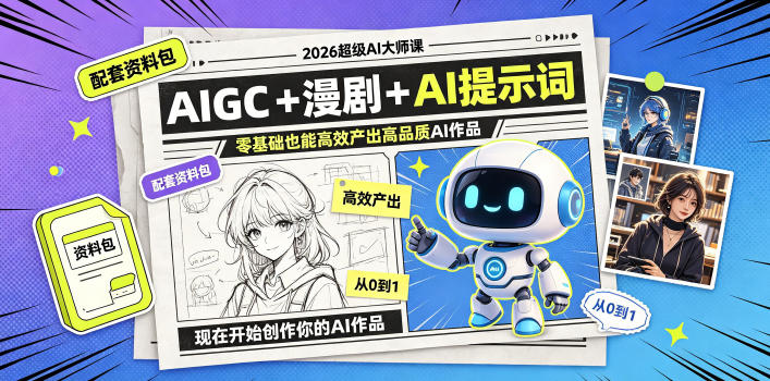 2026超级AI大师课,AIGC+漫剧+AI提示词+配套资料包,零基础也能高效产出高品质AI作品-来聚吧