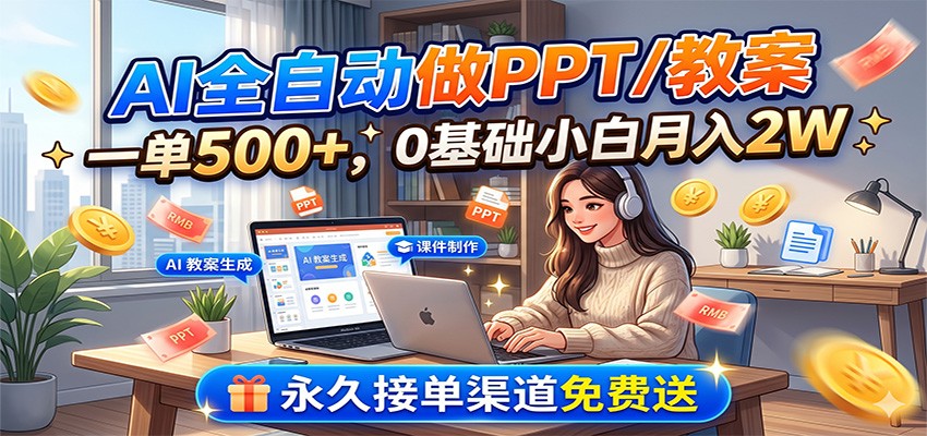 AI全自动做PPT/教案，一单500+，0基础小白月入2W，永久接单渠道免费送-来聚吧