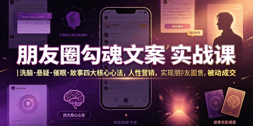 朋友圈勾魂文案实战课｜洗脑·悬疑·催眠·故事四大核心心法，吃透人性营销，实现朋友圈不销而售被动成交-来聚吧
