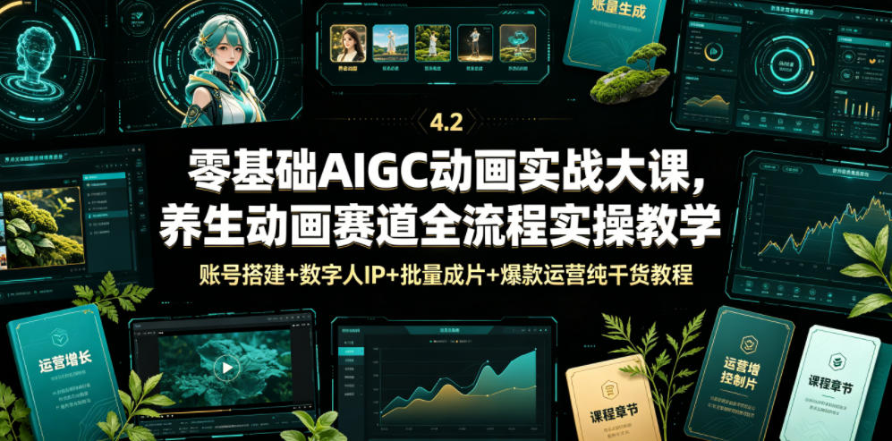 零基础AIGC动画实战大课，养生动画赛道全流程实操教学，账号搭建+数字人IP+批量成片+爆款运营纯干货教程-来聚吧