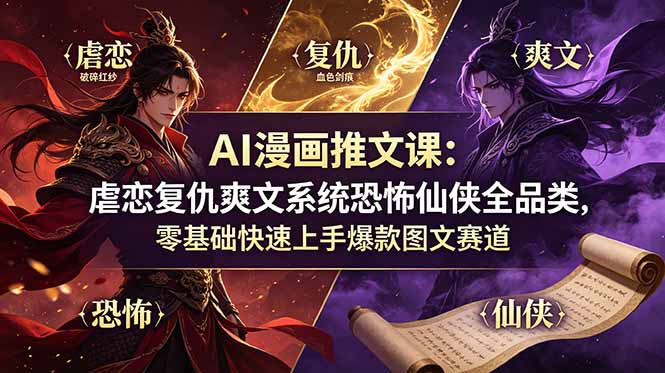 AI漫画推文课：虐恋复仇爽文系统恐怖仙侠全品类，零基础快速上手爆款图文赛道-来聚吧