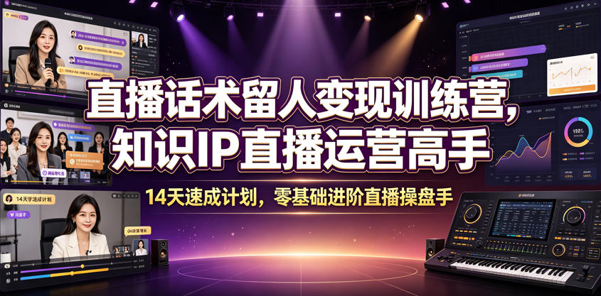 直播话术留人变现训练营，知识IP直播运营高手，14天速成计划，零基础进阶直播操盘手-来聚吧