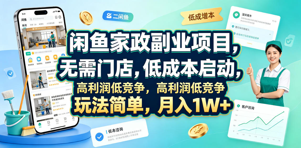 闲鱼家政副业项目，无需门店，低成本启动，高利润低竞争，玩法简单，月入1W+-来聚吧