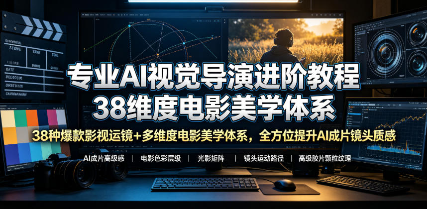专业AI视觉导演进阶教程，38种爆款影视运镜+多维度电影美学体系，全方位提升AI成片高级感与镜头质感-来聚吧