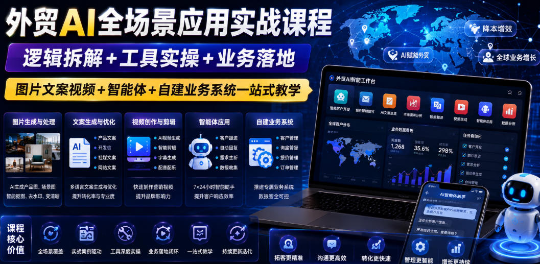 外贸AI全场景应用实战课程｜逻辑拆解+工具实操+业务落地，图片文案视频+智能体+自建业务系统一站式教学-来聚吧