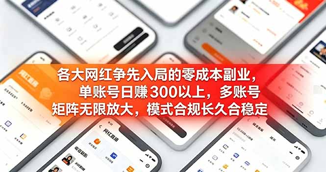 各大网红争先入局的零成本副业，单账号日赚 300 以上，多号矩阵可放大，模式合规长久稳定！-来聚吧