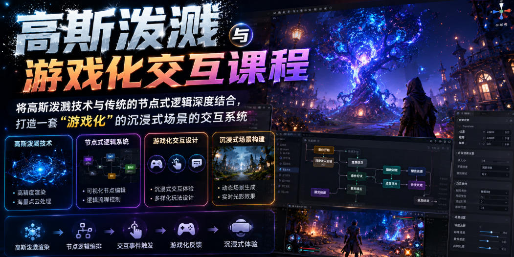 高斯泼溅与游戏化交互课程，将高斯泼溅技术与传统的节点式逻辑深度结合，打造一套“游戏化”的沉浸式场景的交互系统-来聚吧