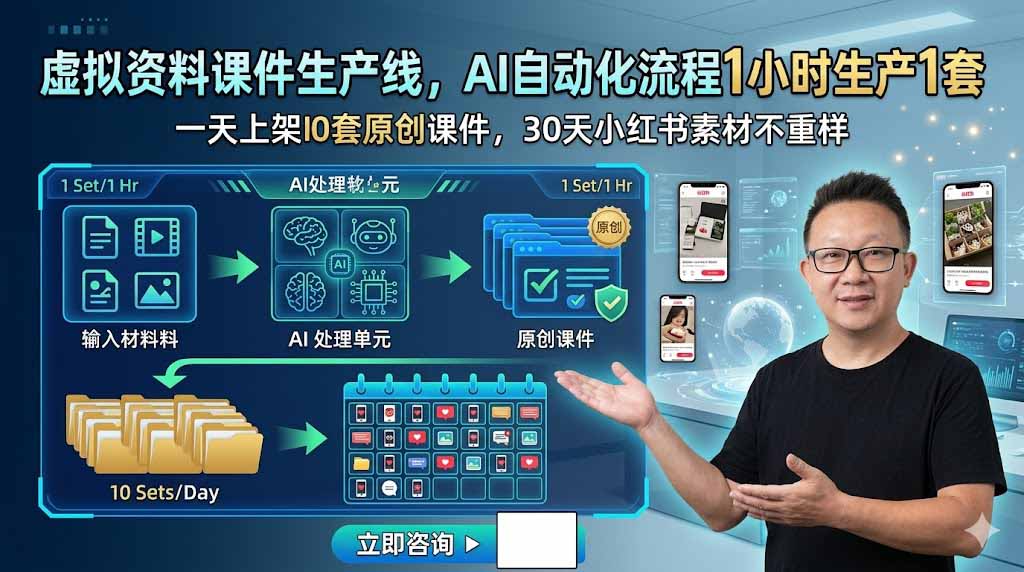 虚拟资料课件生产线，AI自动化流程1小时生产1套，一天上架10套原创课件，30天小红书素材不重样-来聚吧