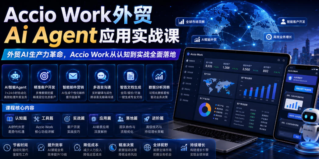 Accio Work外贸Ai Agent应用实战课，外贸AI生产力革命，Accio Work从认知到实战全面落地-来聚吧