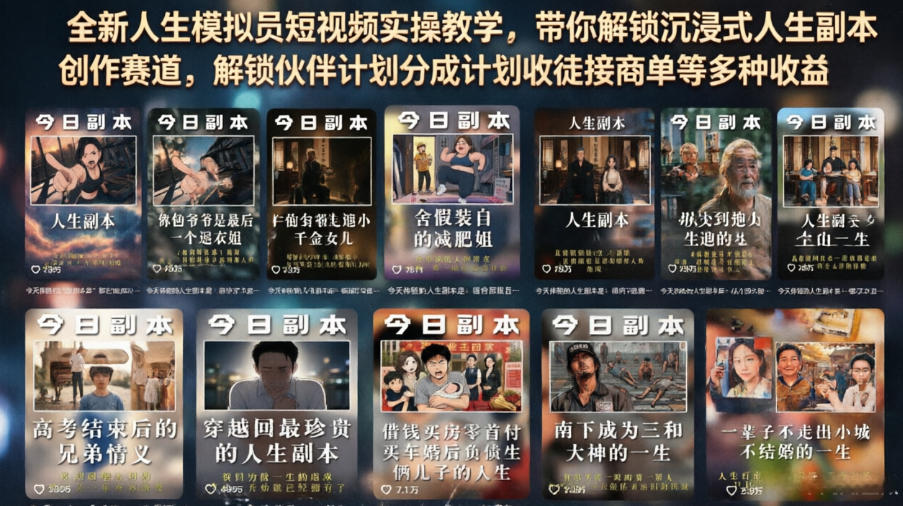 全新人生模拟员短视频实操教学，带你解锁沉浸式人生副本创作赛道，解锁伙伴计划分成计划收徒接商单等多种收益-来聚吧