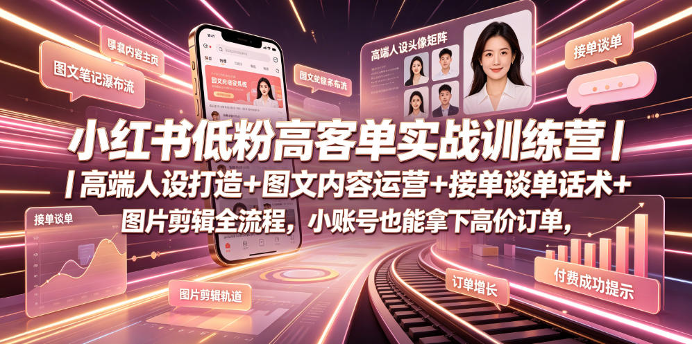 小红书低粉高客单实战训练营｜高端人设打造+图文内容运营+接单谈单话术+图片剪辑全流程，小账号也能拿下高价订单-来聚吧