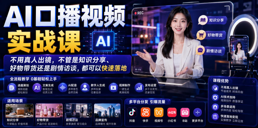 AI口播视频实战课，不用真人出镜，不管是知识分享、好物带货还是剧情访谈，都可以快速落地-来聚吧