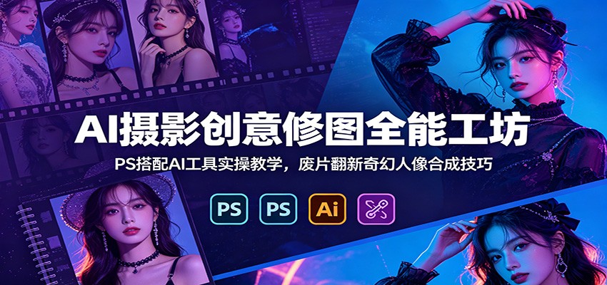 AI摄影创意修图全能工坊：PS搭配AI工具实操教学，废片翻新奇幻人像合成技巧-来聚吧