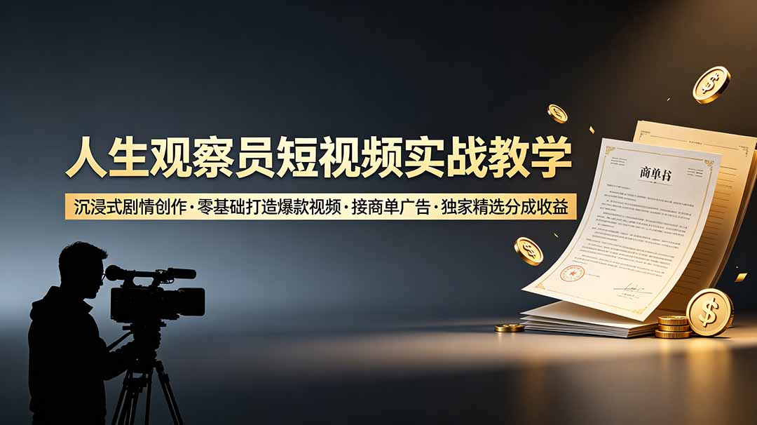 人生观察员短视频实战教学，沉浸式剧情创作，零基础打造爆款视频，接商单广告，独家精选分成收益-来聚吧