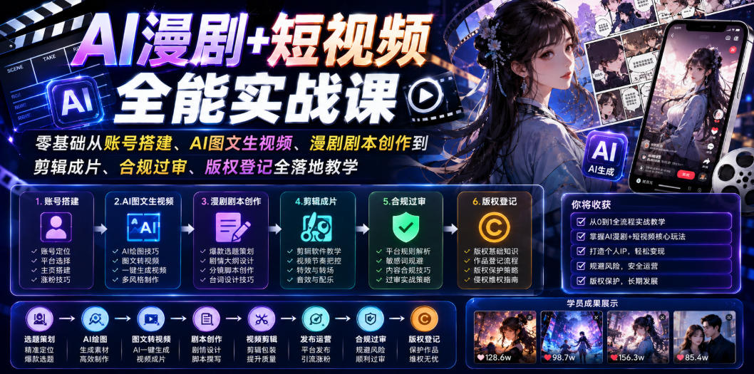 AI漫剧+短视频全能实战课｜零基础从账号搭建、AI图文生视频、漫剧剧本创作到剪辑成片、合规过审、版权登记全落地教学-来聚吧