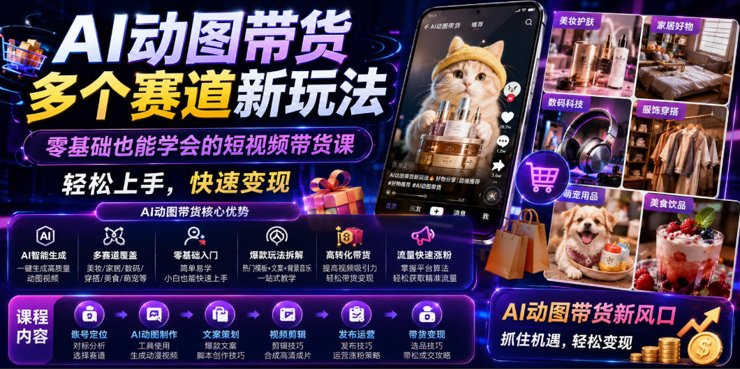 AI动图带货多个赛道新玩法，零基础也能学会的短视频带货课，轻松上手，快速变现-来聚吧