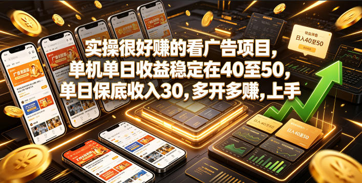 实操很好賺的看广告项目，单机单日收益稳定在40至50，单日保底收入30，多开多賺，上手就能变现【揭秘】-来聚吧