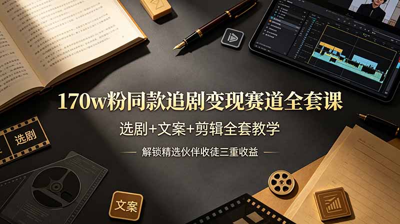 170w粉博主同款追剧变现赛道全套课，选剧+文案+剪辑全套教学，解锁精选伙伴收徒三重收益-来聚吧