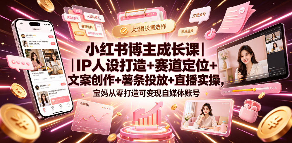 小红书博主成长课｜IP人设打造+赛道定位+文案创作+薯条投放+直播实操，宝妈从零打造可变现自媒体账号-来聚吧