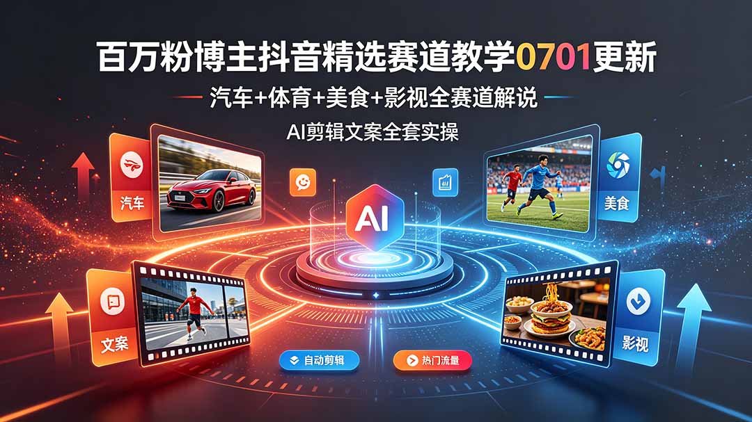 百万粉博主抖音精选赛道教学-0701更新,汽车+体育+美食+影视全赛道解说,AI剪辑文案全套实操-来聚吧