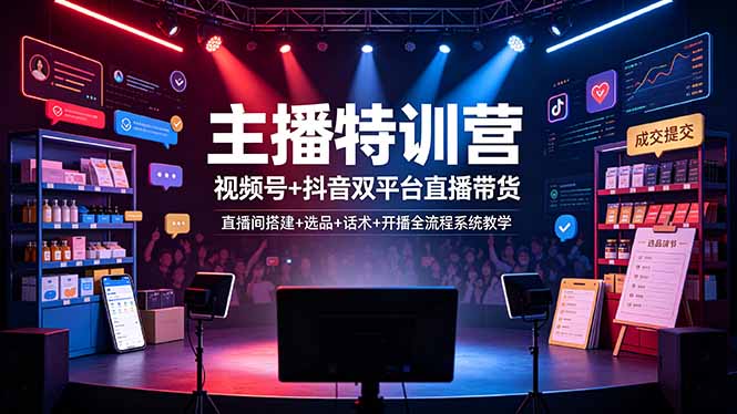 主播特训营：视频号+抖音双平台直播带货，直播间搭建+选品+话术+开播全流程系统教学-来聚吧