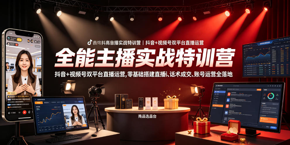 全能主播实战特训营|抖音+视频号双平台直播运营,零基础搭建直播间、精准选品、话术成交、账号运营全落地-来聚吧