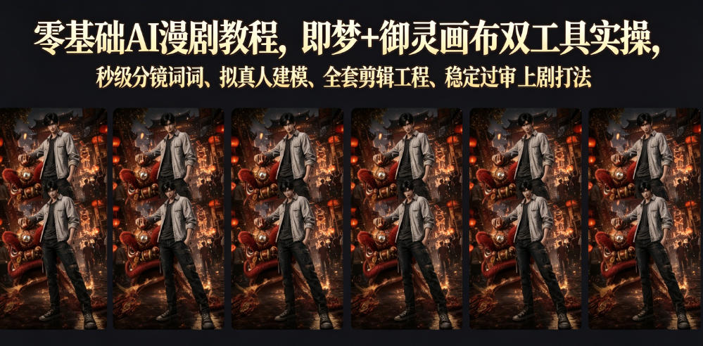 零基础AI漫剧教程,即梦+御灵画布双工具实操,秒级分镜提示词、拟真人建模、全套剪辑工程、稳定过审上剧打法-来聚吧